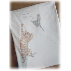 猫と鳥のビッグシルエット ユニセックスTシャツ@ホワイト（XXL） 3枚目の画像