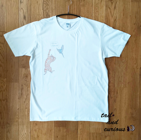 猫と鳥のビッグシルエット ユニセックスTシャツ@ホワイト（XXL） 2枚目の画像