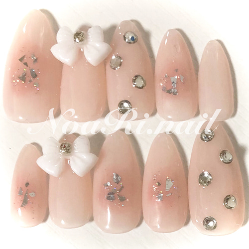 ネイルチップ ワンホン チーク クリアリボン ビジュー