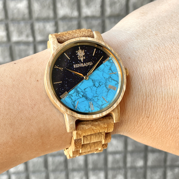 【木製腕時計】EINBAND Reise 天然石 ターコイズ ウッドウォッチ 木の時計 夏の定番 【40mm】 7枚目の画像