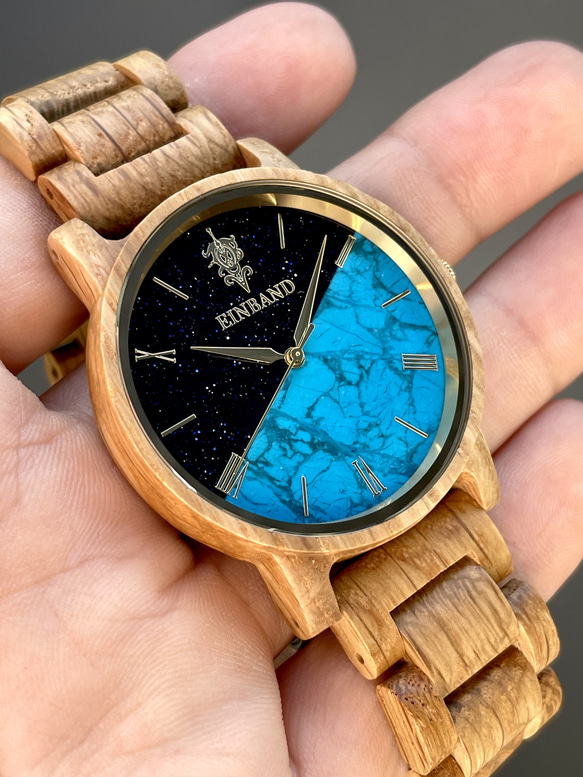 【木製腕時計】EINBAND Reise 天然石 ターコイズ ウッドウォッチ 木の時計 夏の定番 【40mm】 9枚目の画像