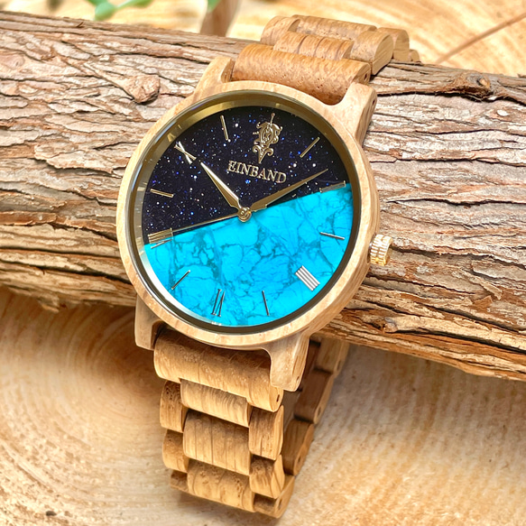 【木製腕時計】EINBAND Reise 天然石 ターコイズ ウッドウォッチ 木の時計 夏の定番 【40mm】 1枚目の画像