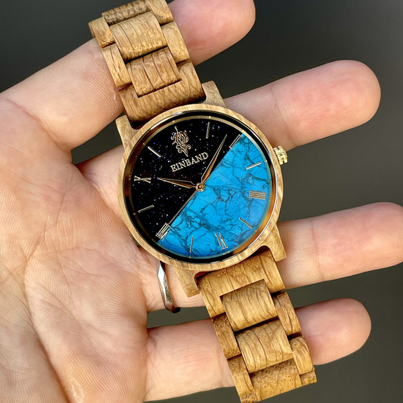 【木製腕時計】EINBAND Reise 天然石 ターコイズ ウッドウォッチ 木の時計 夏の定番 【40mm】 8枚目の画像