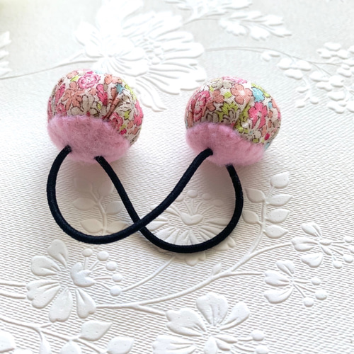 まんまるやわらか布製ヘアゴム(小花ピンク) 2個セット キッズ