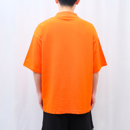 オレンジ ハイネック 半袖シャツ ミッドタートルネック半袖Tシャツ-ベージュ/ブライトオレンジ Tシャツ