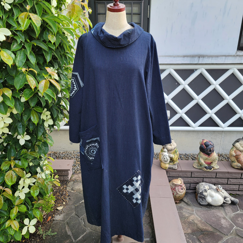 着物リメイク 古布 手作り 縞に 絵絣 パッチ ワンピース ワンピース 