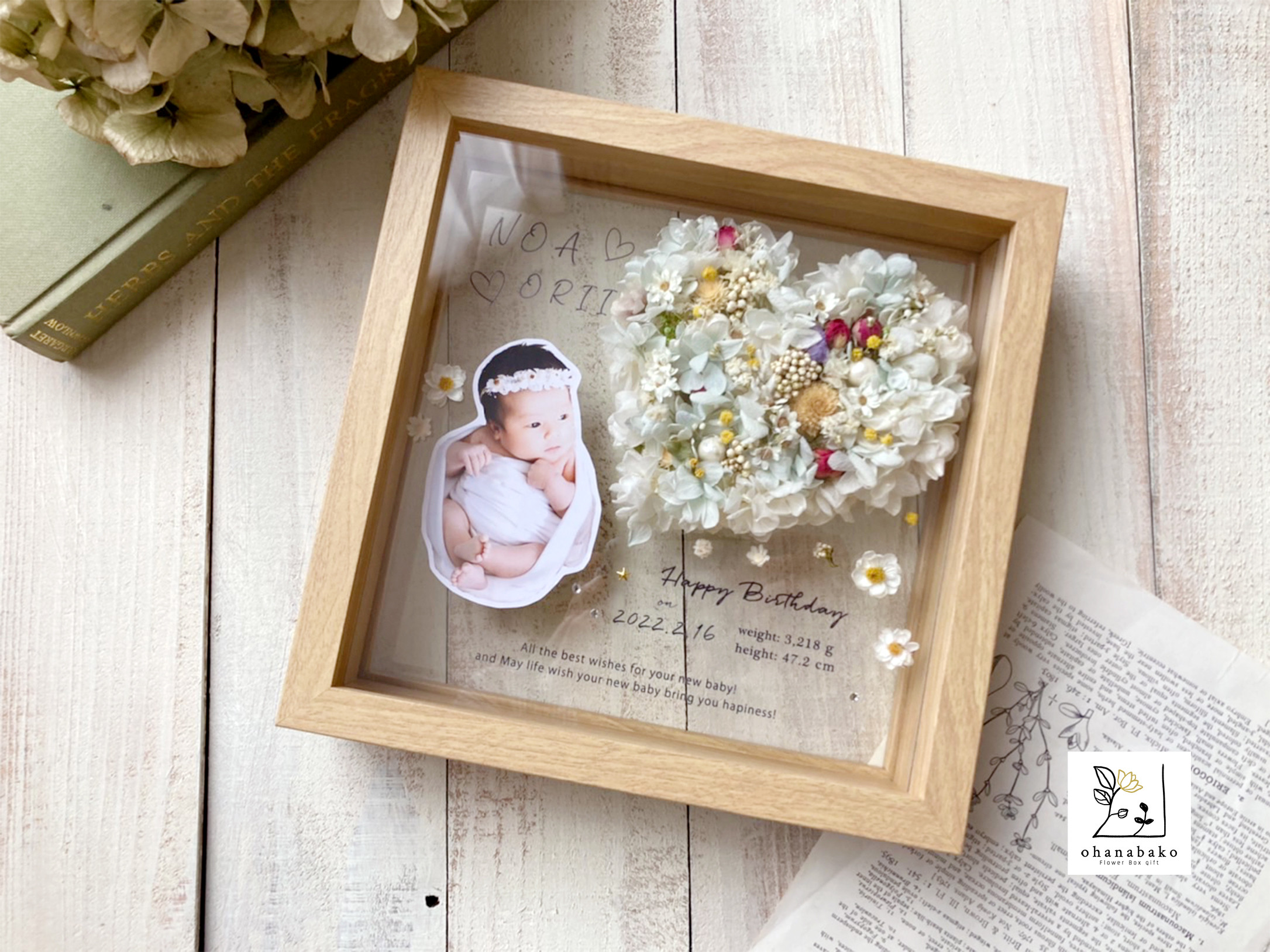 《写真入り誕生祝いの命名フラワーフレーム◎出産祝い/内祝い》お花の幸せハートバルーン♪プリザーブドフラワードライフラワー