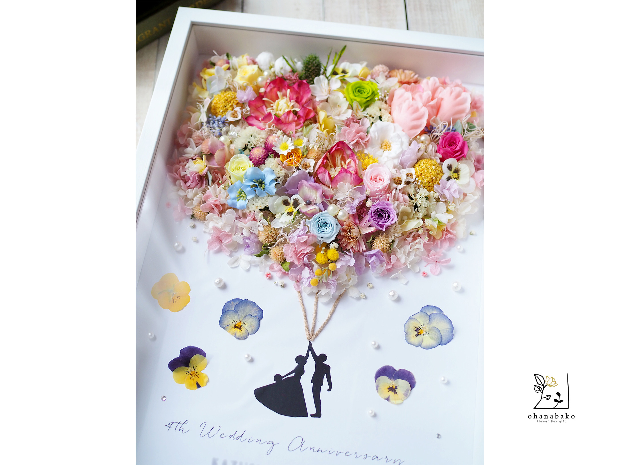 《お名前記念日入り◎結婚祝い/誕生日/特別なお祝い》幸せのバルーン♪プリザーブドフラワーとドライフラワーのガラスフレーム