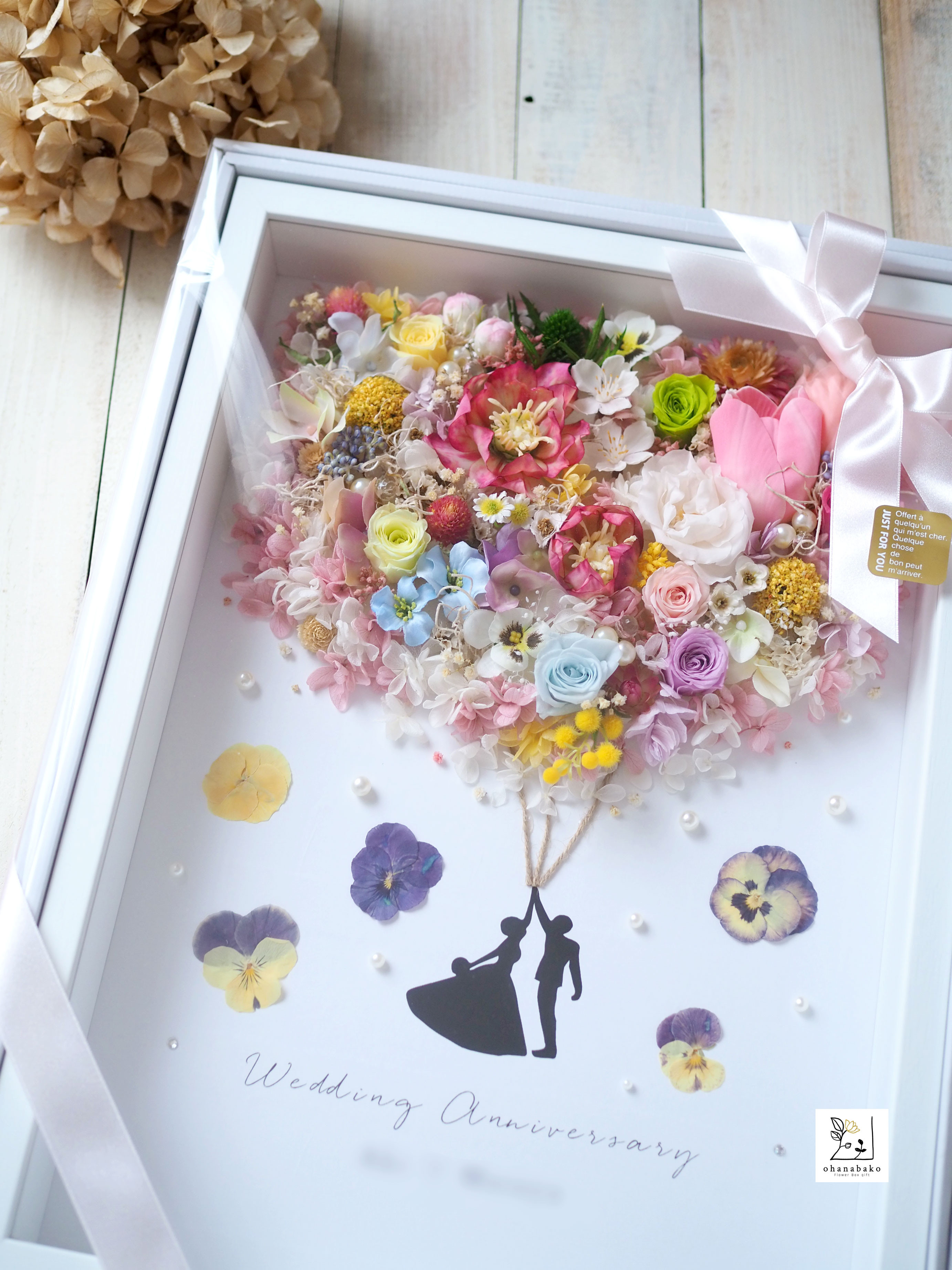 《お名前記念日入り◎結婚祝い/誕生日/特別なお祝い》幸せのバルーン♪プリザーブドフラワーとドライフラワーのガラスフレーム