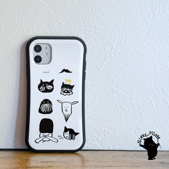 猫のiPhoneグリップケース＊クリアー 透明 iPhone16 黒 髭 iPhone