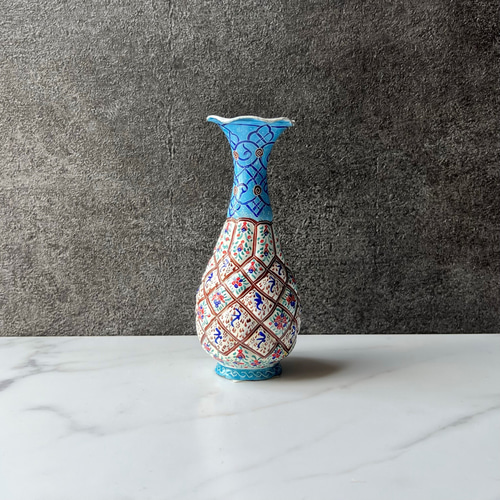 ペルシャのエナメル壺 フラワーベース 14cm ターコイズ