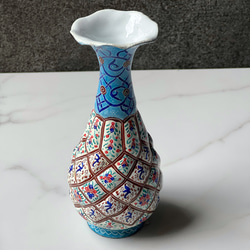 ペルシャのエナメル壺  フラワーベース　14ｃｍ　ターコイズ【ミーナーカーリー V-007】 2枚目の画像
