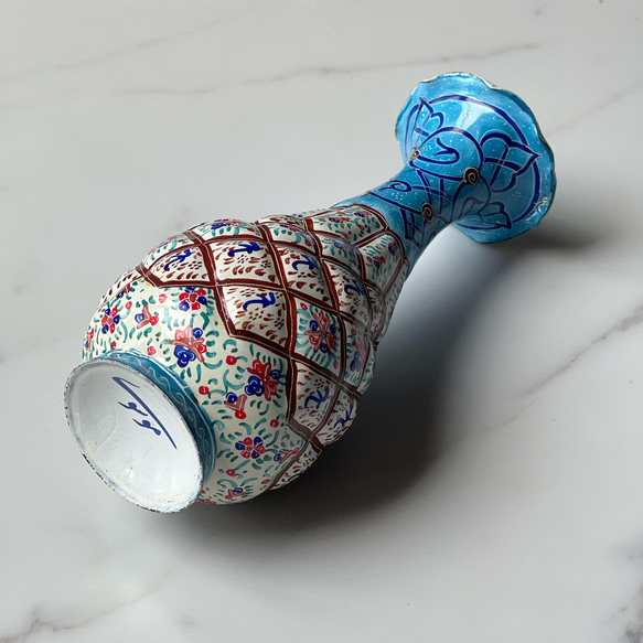 ペルシャのエナメル壺  フラワーベース　14ｃｍ　ターコイズ【ミーナーカーリー V-007】 3枚目の画像