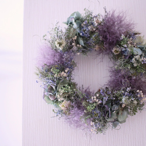 紫陽花とスモークツリーのふんわりリース✳︎ドライフラワー◎22センチ  