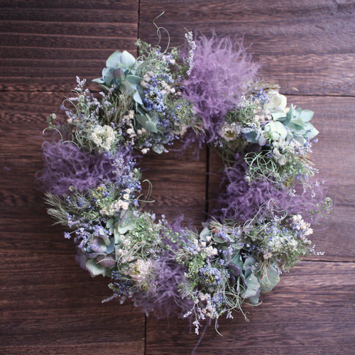 紫陽花とスモークツリーのふんわりリース✳︎ドライフラワー◎22センチ  