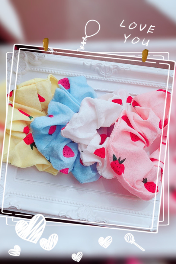 カラフル パステルカラー いちご柄シュシュ ゆめかわいい ファンシー