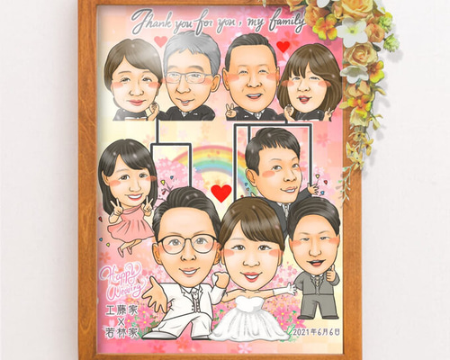 似顔絵 家系図・桜で包むピンク☆ 絵画 ぴんくぶた※クリーマ閉鎖