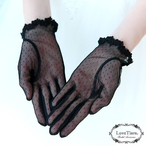 販売終了】ブラック 水玉チュールグローブ【ローズ】(G-25) |結婚式 黒 