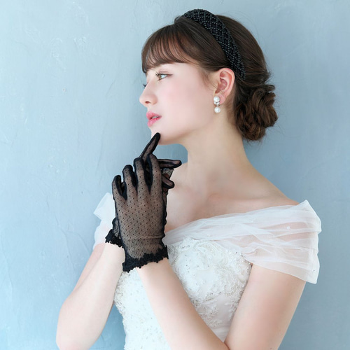 販売終了】ブラック 水玉チュールグローブ【ローズ】(G-25) |結婚式 黒