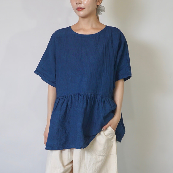 亞麻縮褶襯衫/藍色/遠州紡織 第9張的照片
