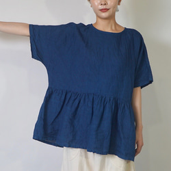亞麻縮褶襯衫/藍色/遠州紡織 第6張的照片