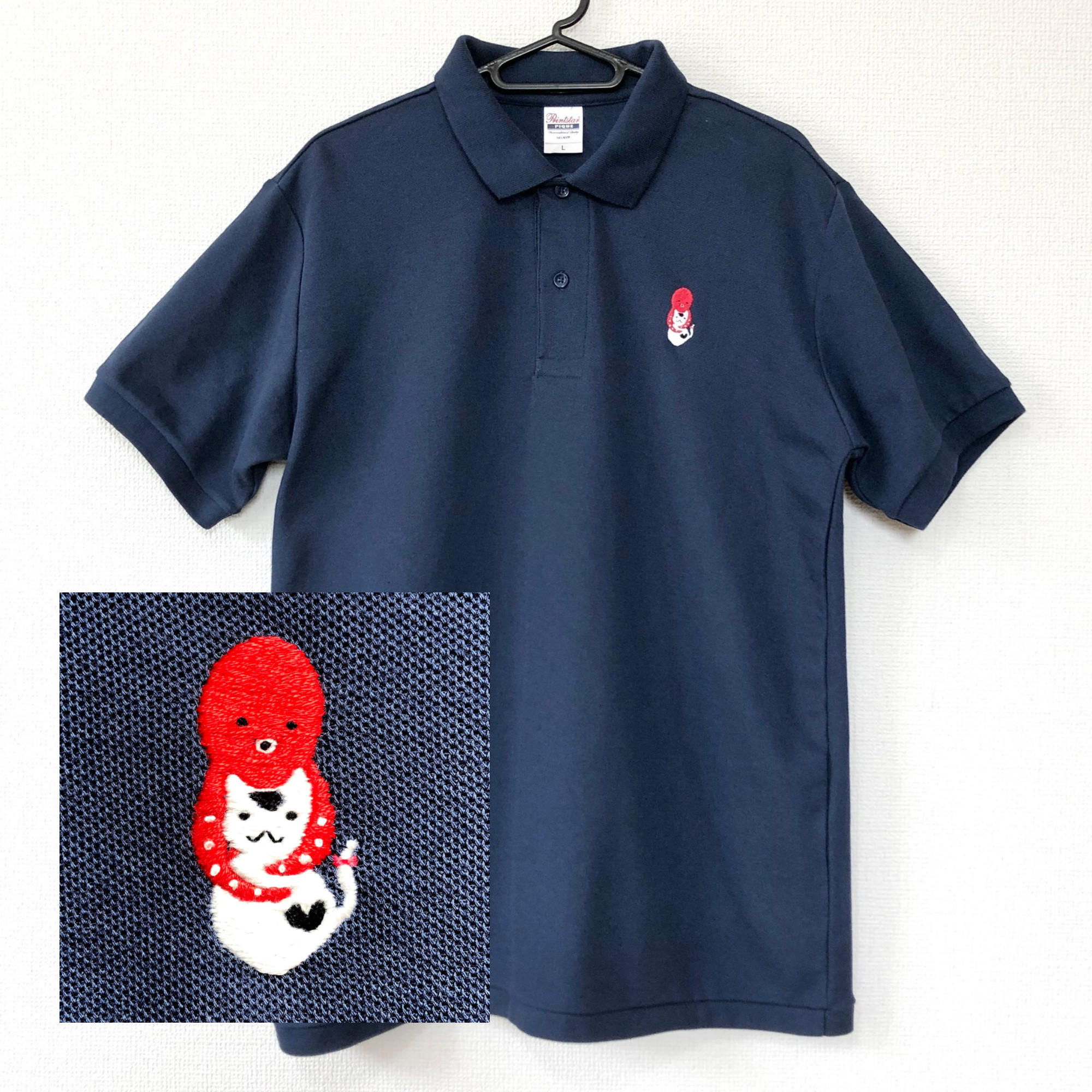 タコ猫（多幸猫）の手刺繍ポロシャツ UVカット・Lサイズ