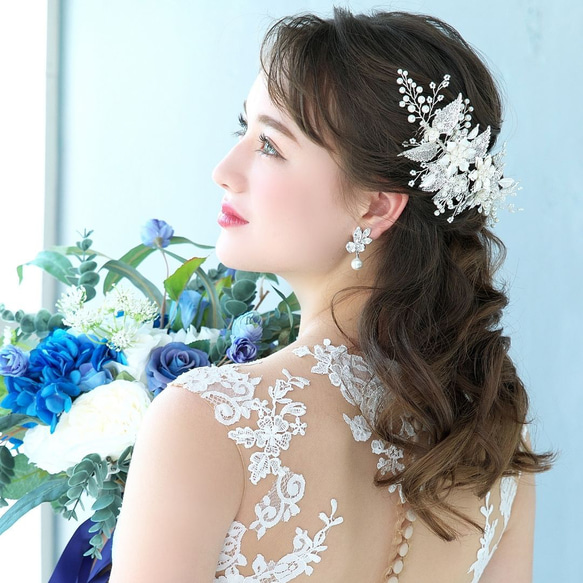 セレーナ パール イヤリング/ピアス（PE-09)|結婚式 ウエディング 挙式 前撮り 花嫁 ビジュー シルバー 4枚目の画像