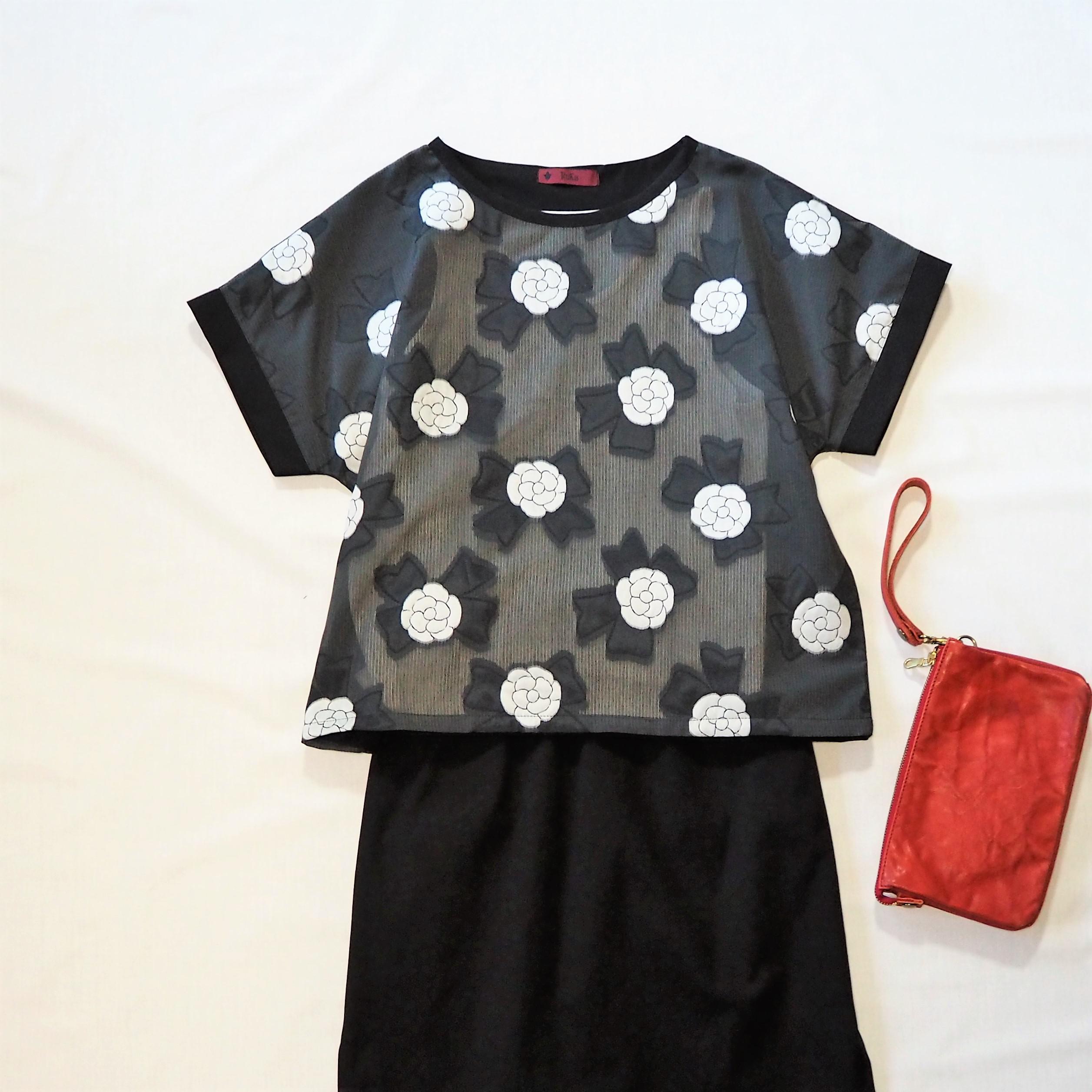 Creema限定春の福袋 カジュアル　エレガントにもカメリア　　ゴブラン織りブラック　コットンスカートセット