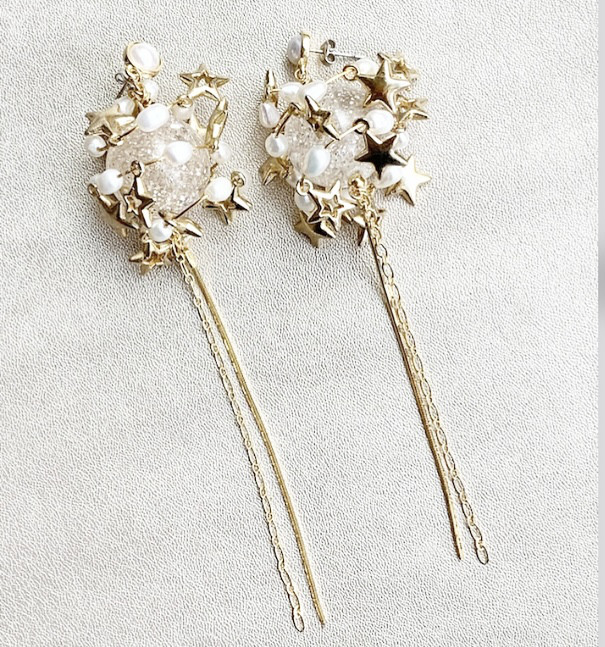 Planète スター＆淡水パールチェーンイヤリング・ピアス