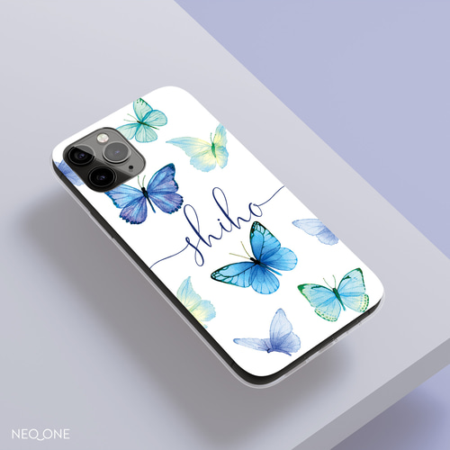 iPhone Android【ブルー バタフライ 筆記体 名入れ ケース】青い蝶