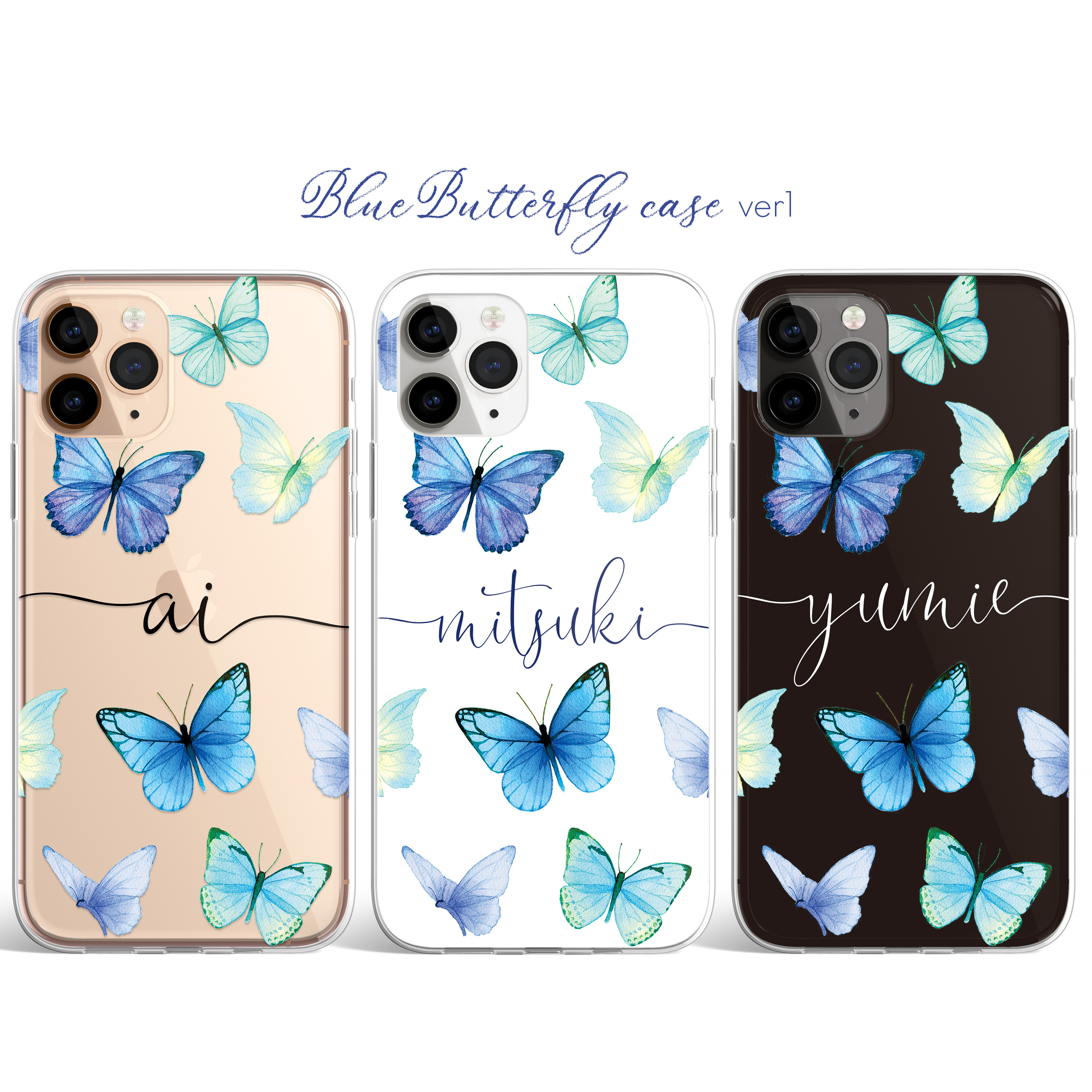iPhone用ケース 青い蝶と黒い蝶 iPhone Android【ブルー バタフライ 筆記体 名入れ ケース】青い蝶