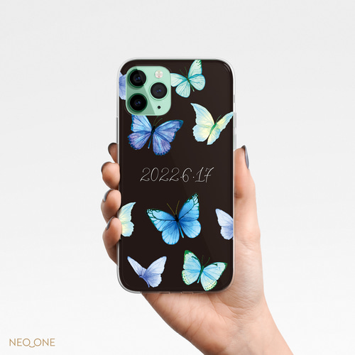 iPhone Android【ブルー バタフライ 筆記体 名入れ ケース】青い蝶