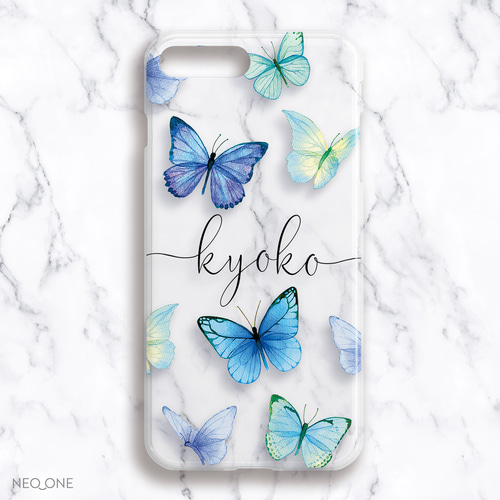 iPhone Android【ブルー バタフライ 筆記体 名入れ ケース】青い蝶