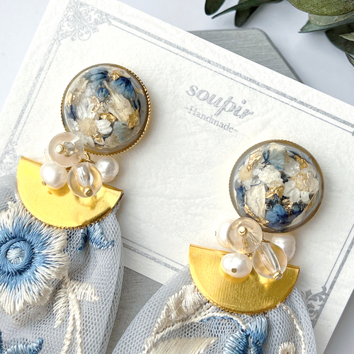 大ぶりチュールインド刺繍リボンタッセルピアス・イヤリング
