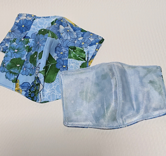 夏色・和柄のマスクカバー『紫陽花・ブルー』   不織布マスクが見えるタイプ 6枚目の画像