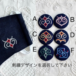 【送料無料】802. アイヌ刺繍 立体マスク リネン ネイビー《耳元までカバー、スッキリ仕立て》横長 ワイド 2枚目の画像