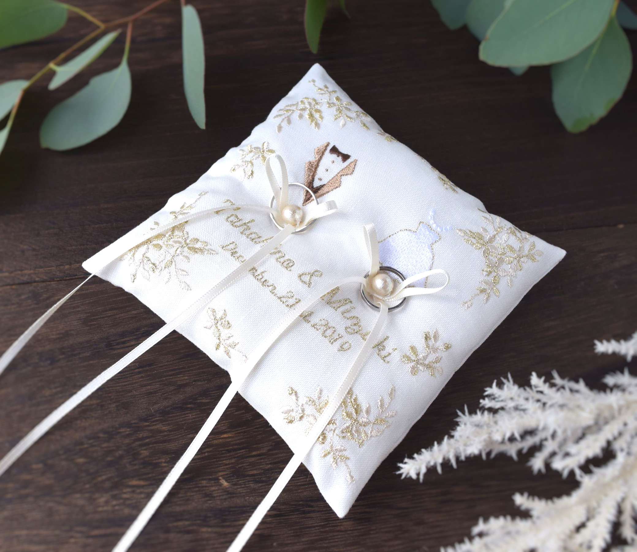 【名入れ】刺繍のリングピロー | アイボリー | ナチュラルウェディング 日付入り