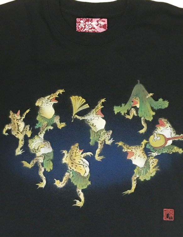 ユニーク　ダンシング鳥獣戯画　手染め京友禅Tシャツ 2枚目の画像