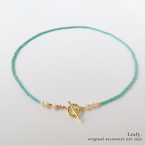 淡水パール&ターコイズカラーのスリーカットビーズ　ビーズネックレス　ビーズアクセサリー　マンテルネックレス 6枚目の画像