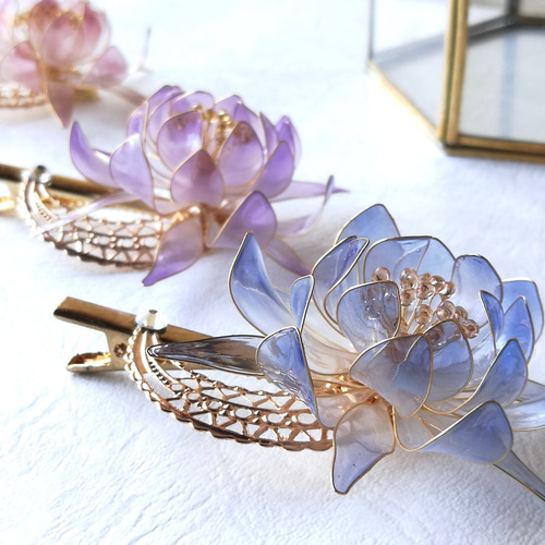 レジンヘアゴム　パープル　花びら　バラ　三日月　透け感 レジンヘアゴムパープル花びらバラ三日月透け感