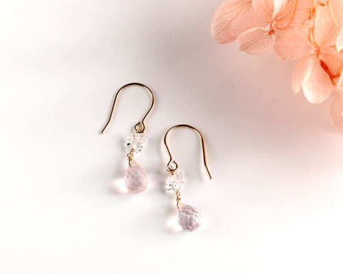 ローズクォーツとハーキマーのピアス/K14GF（金具交換OK） ピアス