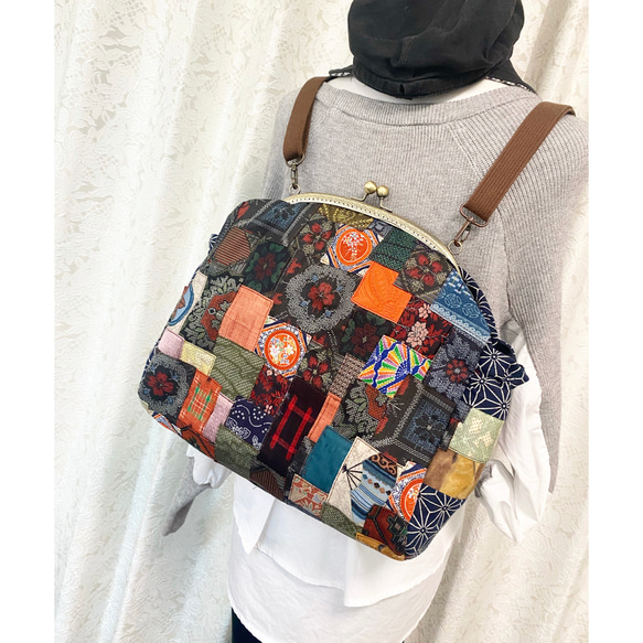 大島紬&正絹 パッチ がま口バッグ リュック ショルダー 肩掛け  