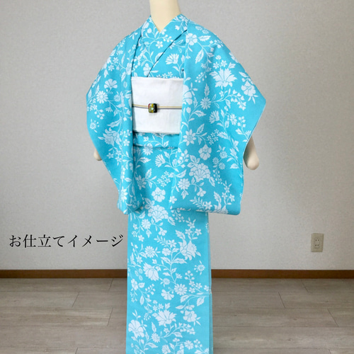 洗える浴衣＊夏着物＊普段着 芝文に花柄 物語る 黄緑 化繊 