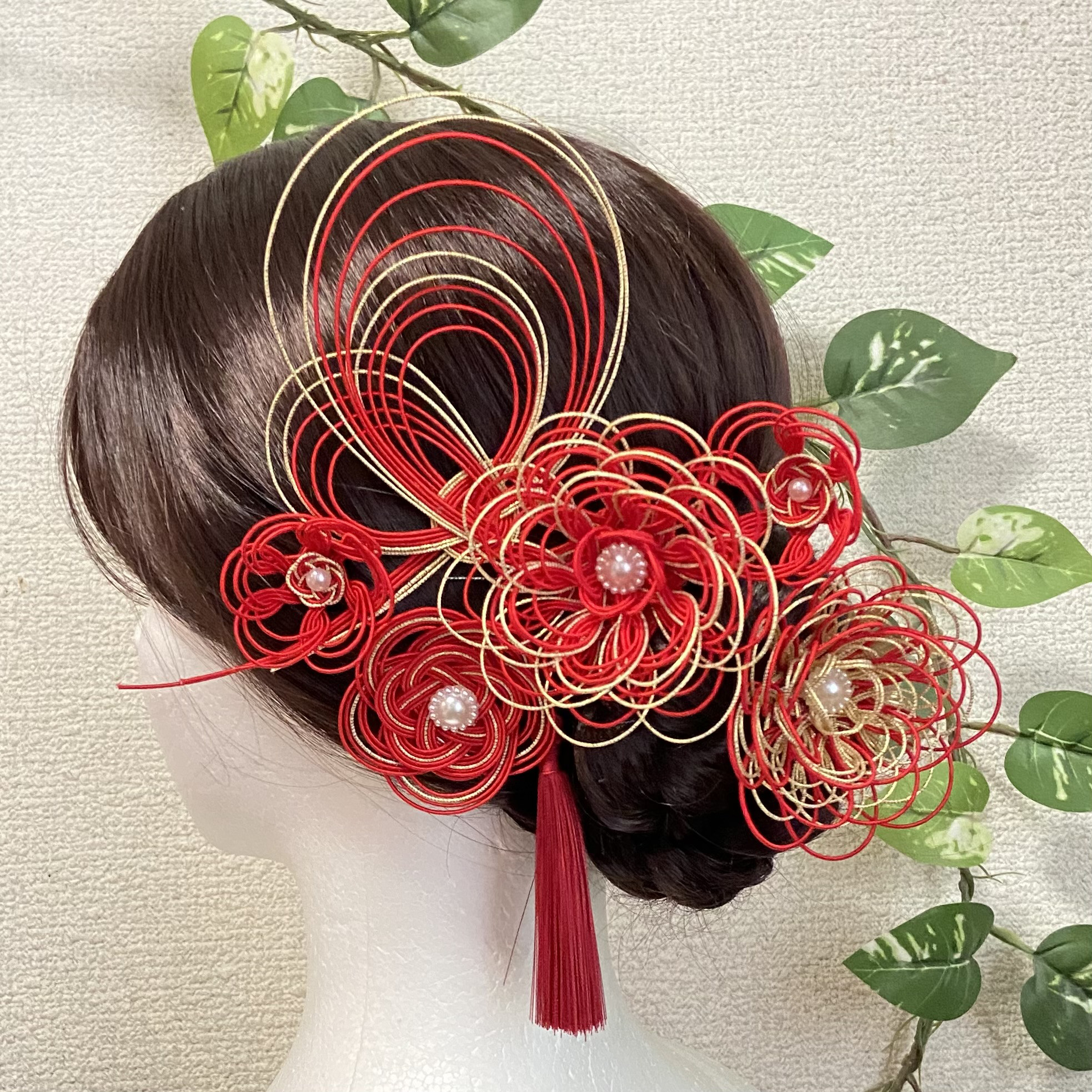 『受注制作』水引の髪飾り　赤金　６点セット