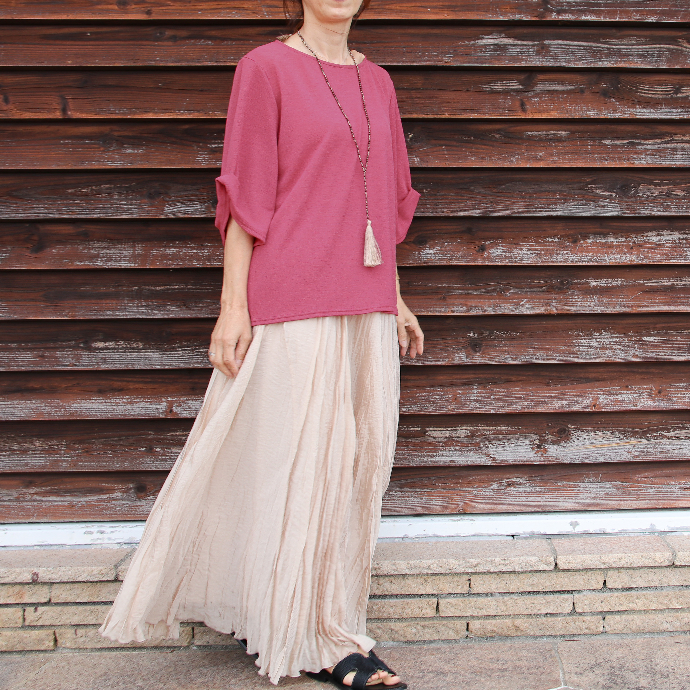 肘が隠れるゆったりカラートップス【ピンク】トップス 着回し ダークレッド カーキ ダークグリーン ネイビー