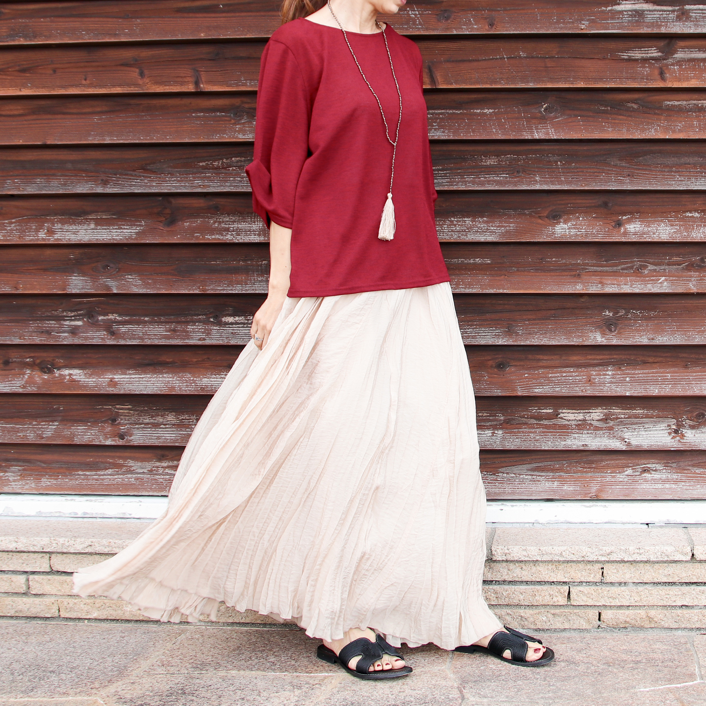 肘が隠れるゆったりカラートップス【ダークレッド】トップス 着回し ピンク カーキ ダークグリーン ネイビー