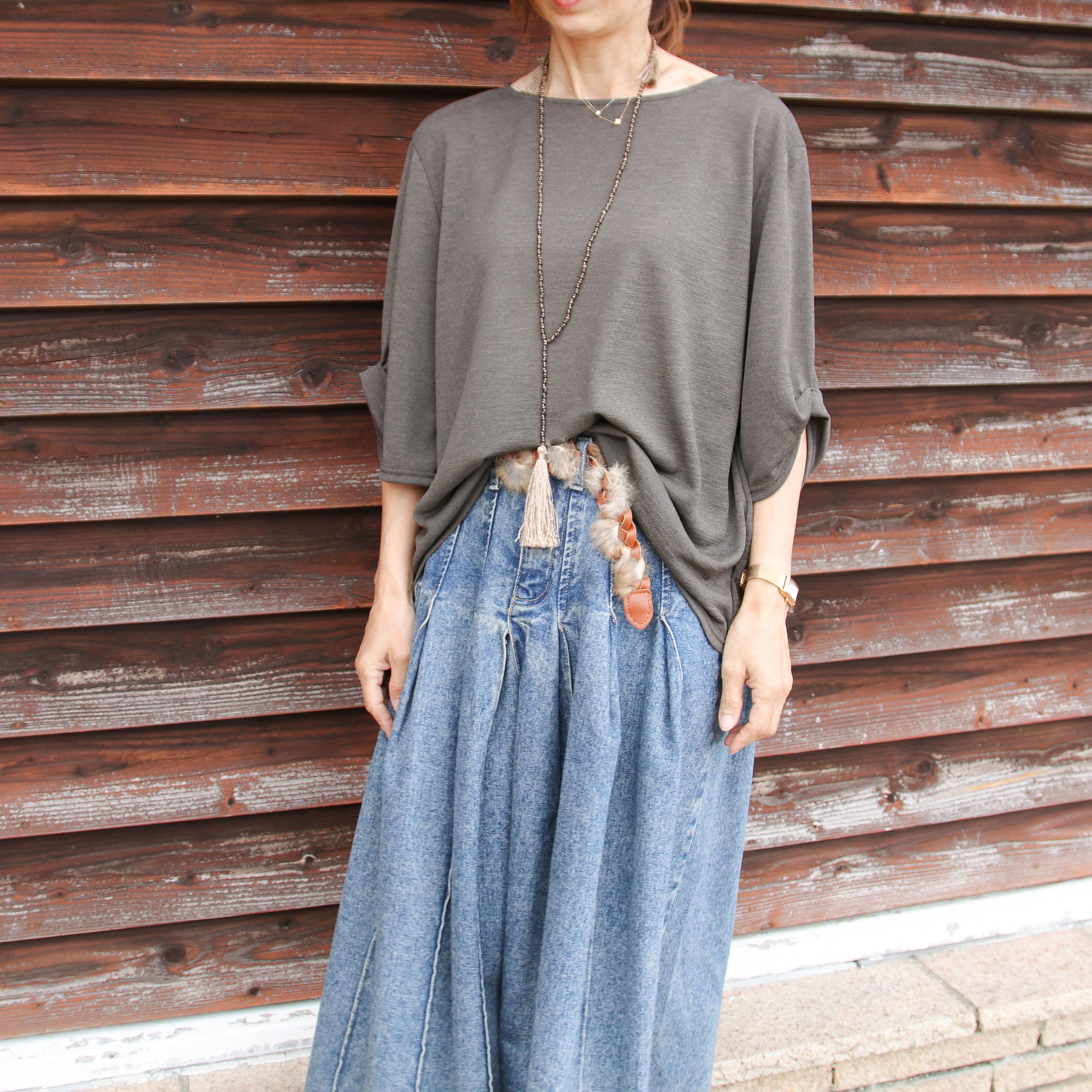 肘が隠れるゆったりカラートップス【カーキ】トップス 着回し ピンク ダークグリーン ネイビー ダークレッド