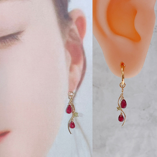 ちか☺︎ 1点作品☆ 希少石　宝石質ルビーピアス　イヤリングに変更可能☺︎ 宝石質ルビーAAA✽クリスタル14kgfデザインピアス/イヤリング