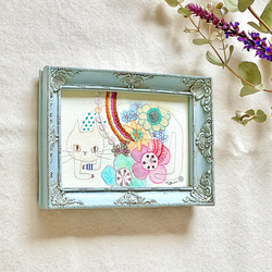 小さな刺繍入り水彩画「お花を生みながら進むネコ。」 2枚目の画像