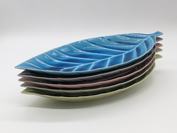 027-0504　長皿 魚焼物皿 楕円皿 サンマ 和陶器 和モダン /リーフプレート(L)ウグイス 6枚目の画像